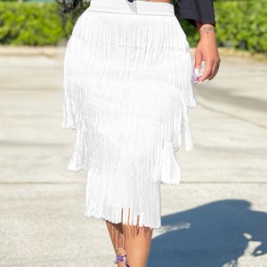 Stijlvolle Witte Franje Midi-Rok voor Vrouwen - Hoge Taille, Golvend Ontwerp, Machinewasbaar, Perfect voor Casual of Stijlvolle Outfits