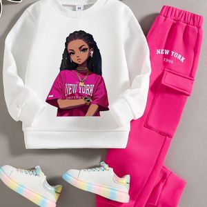Meisjes Cartoon Print Ronde Hals Sweatshirt + Sweatpants Herfst En Winter Verdikte Roze Rode Broek Boven Twee-Stuks Set, voor Buiten