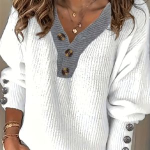 Vrouwen Casual V-hals Trui met Knoopdetail & Color - Medium Stretch Herfst Winter Pullover, Relaxed Fit voor Casual Outfits, Mediumstretch Stof