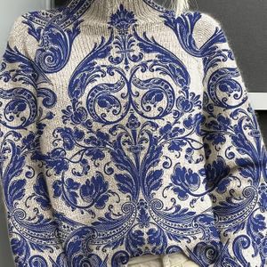 Vrouwen's Retro Bloemen 3D Print Hoge Nek Coltrui - Blauw & Wit Paisley , Losse Pasvorm Lange Mouw Pullover met Paraplu Zoom, Top, Veelzijdige Mode, Zachte Textuur