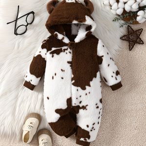 Jongens Herfst- en Winter Buitenkleding met Koeienpatroon Gevoerde Dikke Capuchon Lange Mouwen Jumpsuit met Rits op de Borst, Ideaal voor Buiten