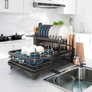 Two-tier Black Kitchen Countertop And Sink Dish Rack, Foldable Utensil Holder For Plates, Bowls, Pots, And Cutlery Storage | Knife Fork Organizer | Kitchen Counter Drying Rack