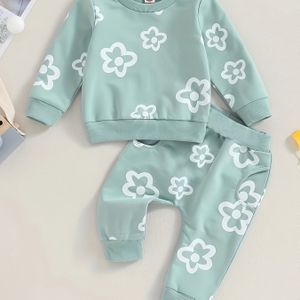 /Herfst Bloemenprint Lange Mouwen Ronde Hals Trui + Nep Trekkoord Broek Set, Perfect voor Buiten