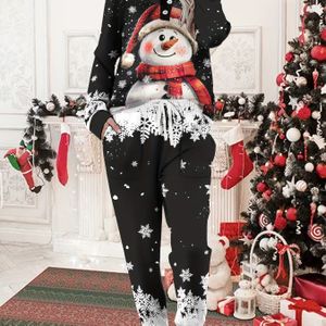 Kerstmis Print Tweeledige Set, Casual K Lange Mouw Pullover Sweatshirt & Broek Outfits, Dameskleding