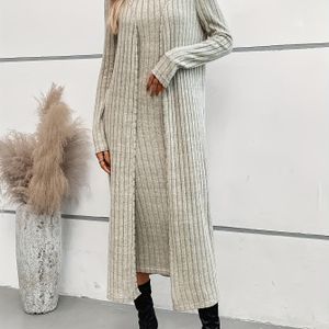 Elegante kleur jurkset, open vest met lange mouwen en mouwloze bodycon-jurk met nephals voor lente en herfst, dameskleding