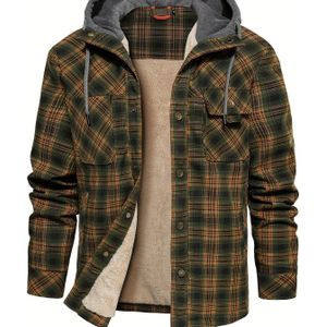 Herren Casual Kapuzenjacke in Ruitpatroon – Twee Tinten Groen & Beige, Knopen met Trekkoord, Polyester, Herfst-/Winterjas
