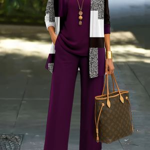 Lente en zomer -delige kleurblokprint set met lange mouw jas, vest en broek voor dames