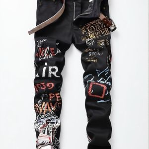 Herenslim-Fit Jeans - Rekbare Zwarte Denim met Opvallende "AIR" Print, Casual Lente/Herfst Stijl, Pasvorm, Machinewasbaar, Casual Draagbroek | Jeans met Opvallende Print | Rekbare Stof