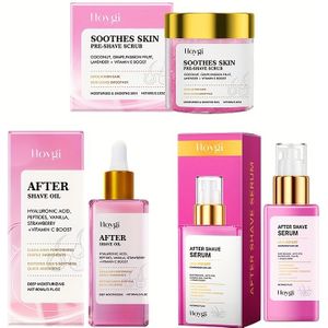 Ultieme Zomer Haarverwijdering Set: 60g Pre-Shave Scrub - Strawberry Vanilla Baardolie 1. - Na Shave Serum met Nat en Veilig Kokos, Grapefruit, Passievrucht, Lavendel + E Versterkte Zorg