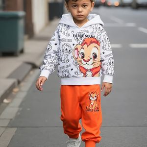 Voorjaars- en Herfst Kinderjongen Leeuwenprint Hoodie en Broek Schattig Tweedelig Set Speciale Editie, Perfect voor Buiten
