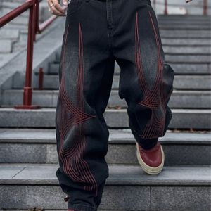 Amerikaanse Trendy Heren Streetwear met Borduurwerk Ontwerp, Vintage Gewassen Casual Fashion Losse Spijkerbroek.