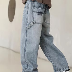 Jongens Casual Rechte Pijp Denim Jeans met "GAME" Borduursel, Lichtblauw, Niet-Rekbare Stof, Pasvorm, Lange Lengte, Lente/Herfst , Lente Herfst Kleding | Geborduurde Jeans | Niet-Rekbare Stof
