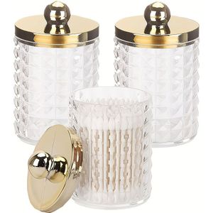 3-Pack/4-Pack Qtip Houder Dispenser voor Ballen, Wattenstaafjes, Ronde Pads en Floss Picks - 10oz Plastic Apothekerspot Set voor Badkameropslagorganisatie, Gouden Dekselletjes