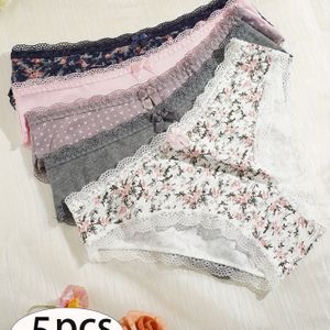 5-Pack Damesonderbroeken 2025 Lente/Zomer Nieuwe Stijl Ademende Driehoekige Slips, 95% Middelhoge Taille Elegante Bloemenprint Polkadot Stretch Zacht met Strikontwerp