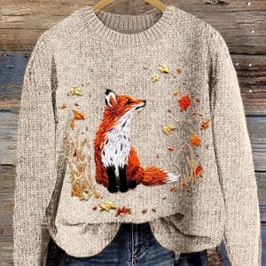 Vrouwen 3D Print Vos & Herfstbladeren Casual Pullover Trui - Zachte Ronde Hals Lange Mouw Top, Handwas/Droogreinigen, Herfstmode, Gestructureerde Stof