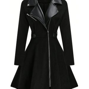 Plus Size - Plus Size, Elegante Bourgondische Rode & PU Reverskraag Gepaste Jasjurk voor Dames - Gestructureerd A-lijn Silhouet met Riemloze Taille, Winterjurk met Lange Mouwen voor