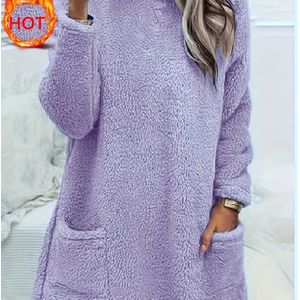 Vrouwen Pluche Fleece Lange Mouw Sweatshirt met Zakken - Comfortabele Ronde Hals Casual Pullover, Machinewasbaar Winterwarmte, Zwart, Herfstgarderobe Essentieel, Zachte Textuur