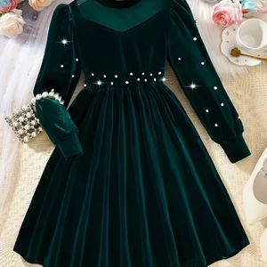 Groen & Wit Parelversierde Feestjurk met Pofmouwen & Parel Taille - Wasmachinebestendige Formele Trouwjurk, Kleur A-Lijn (Het Hele Jaar Draagbaar)