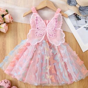 1 stuk 'Vlinder & Regenboog Tutu Jurk met Wijd Uitlopende Mouwen - Mouwloze A-lijn Feest- en Trouwoutfit, Zachte Pastelkleuren (Roze/Geel/Blauw/) - Wasmachinebestendige Zomerjurk