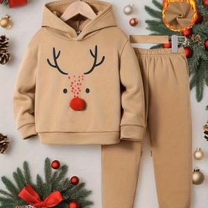 Creatief Kerst Rendier Ontwerp, Jongens 2-delige Co Ord Set, Comfortabele Lange Mouwen Hoodie & Casual Veelzijdige Sweatpants, Warme Fleece Outfit, Ideaal Voor Herfst En Winter Buitenkleding