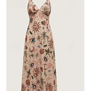 Vintage Floral Print Maxi Dress With V-neck And Adjustable Spaghetti Straps - Sleeveless, Flowy , Beige/black, Polyester Lining, Casual