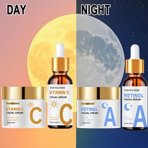 YOUNGCOME Dag & Nacht C + Retinol Essence en hydraterende gezichtscrème set, Verhelderend -verouderingsverzorging, Maakt lichte beige huid en steviger - 4 stuks