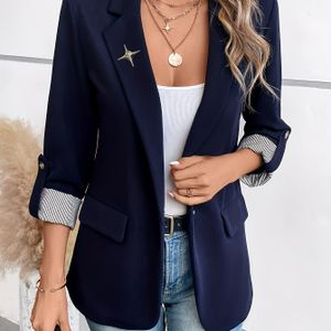 Stijlvolle Dames Blazer in Marineblauw - Chique met Driekwart Mouwen, Polyester, Knoopsluiting met Decoratieve Gouden Ster, Machinewasbaar - Perfect voor Kantoor & Casual Lente/Zomer Outfits