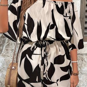 Women's Elegant One-shoulder Flared Sleeve Jumpsuit - Black & Beige Botanical Leaf Print, Machine Washable & Casual Outfit