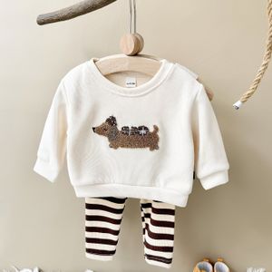 2 stuks/set jongens meisjes schattige cartoon worst hond handdoek baby buiten lange mouw top + broek lente herfst, perfect voor buiten