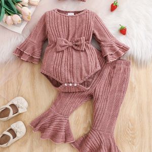 Nieuwgeboren baby meisjes kleding gerimpelde strik kleur lange mouwen jumpsuit top wijd uitlopende broek herfst en winter tweedelige set, Perfect voor Buiten