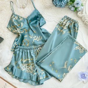 Vrouwen V-Hals Bedrukte Comfortabele Camisole Shorts en Broek Pyjama Set 3-