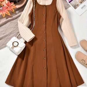 Meisjes Casual Pullover Lange Mouwen Top in Abrikoos + Modieuze Geknoopte Bruine Geribbelde Cardigan met Strappy Maxi Jurk Tweedelige Set