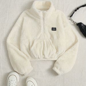 Vrouwen Lavendel Half-Zip Teddy Fleece Trui - Hoge Nek Letter Patch Design, Knusse Herfst Winter Casual Pullover, Wasmachinebestendig, Duurzaam Comfortabel Kledingstuk