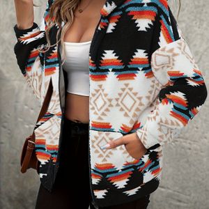 1pc Elegante geometrische vrouwen fleecejack met kap, casual rits-omlaag lange mouw met zakken, polyester breigaren, reguliere pasvorm outerwear voor herfst/winter