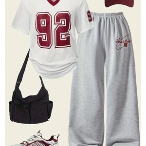 Dames Casual T-shirt & Joggingbroek Set - met Rode Nummer 92, met "" Design, Perfect voor Lente/Zomer, Joggingbroeken