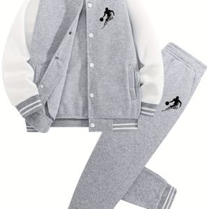 2- Jongens Casual Baseball Jas & Broek Set, Klassieke Kleurblok Fleece-gevoerde voor Herfst/Winter, Perfect voor Dagelijks en Buitenactiviteiten, Stijlvol Teamuniform, voor Buiten
