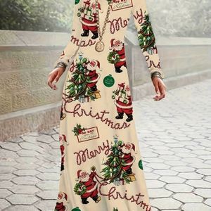 Maxi-jurk Met Kerstmanprint, Casual Jurk Met Ronde Hals En Lange Mouwen, Dameskleding