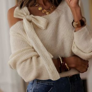 Dames Franse Vintage Off-Shoulder/Boot Hals Blouse - Zachte Trui, Losse Pasvorm Elegante Top voor Herfst/Winter, Semi-Transparante Smock Jurk (Lijn 2361)