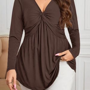 Plus Size Casual V-Hals T-Shirt met Ruched Bust Detail - Polyester Mengsel met Spandex, Effkleur Lange Mouw, Licht Stretch, Geplette Zoom, Gebreid Kleding Pullover voor Lente/Zomer/Herfst