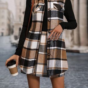 1 Set Dames Elegant Ruitpatroon Print Mouwloze Vest en Rok Combo, Polyester , Detail, Alle-Seizoenen Mode, Pasvorm