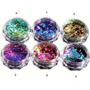 6-Pack Kameleon Nagel Glitter Sequins Set, Rond Gemengde Aurora Vlokken, Alcoholvrij Nagelkunst Decoratiekit voor Manicure en Pedicure