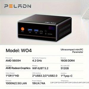 PELADN Mini PC, Met AMD Ryzen7 5700U en 5 5600H (8C/16T tot 4.3Ghz), 16GB DDR4 3200MHz, 512GB Desktop Computer