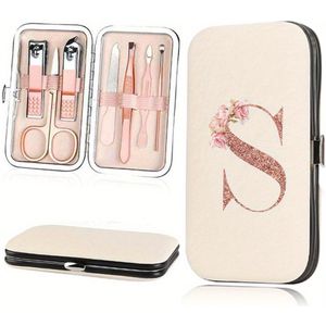 7-delige roestvrijstalen nagelknipset met afgeschuinde kniptangen, oorschaar & epidermale duwer - Draagbare reis organizer case, roze gouden initialen (A-Z)