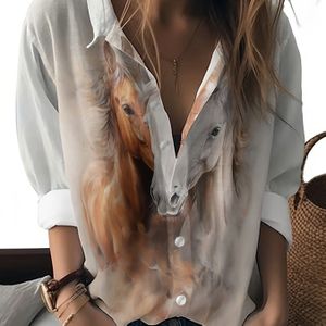 Dames Casual Lange Mouw Shirt met Paard Print, Lichtgewicht Button-Up Blouse voor Lente/Herfst, Stijlvol Lapel Collar Design, Perfect voor Casual Attire, Paard T-shirt