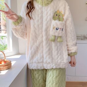 Winter Dikke Comfortabele Pluche Pyjamaset, Zachte Fleece Lange Mouwen Rits-Top met Cartoon Karakter Ontwerp en Elastische Tailleband Broek, Warme Gezellige Dames Nachtkleding