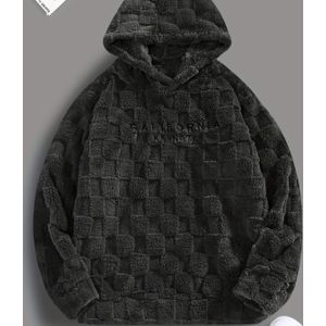 Chique design heren geruit en gestructureerd sweatshirt met capuchon en "CALIFORNIA KEYNOTE" letterborduurwerk, trendy fleece hoodie voor dagelijkse bovenkleding