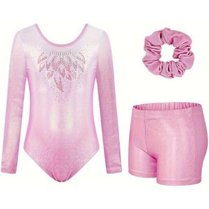 Meisjes 3- Gymnastiekoutfit Set - Sprankelende Strass Lange Mouwen Leotard, Shorts & Haarband voor Leeftijden 3-12 | Perfect voor Dans, Ballet & Yoga