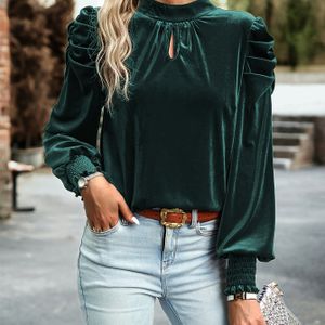 Kleur Gesmokte Blouse, Elegante Lange Mouwen Uitgesneden Blouse voor Lente & Herfst, Dameskleding