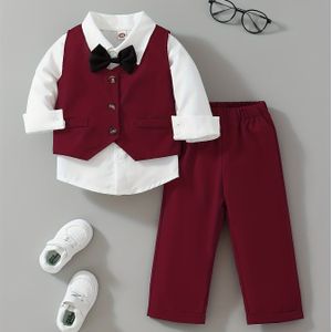 Jongens' Lente/Herfst Geweven Modieuze Casual Retro Feestvakantie Gentleman Stropdas Overhemd Lange Mouw Vest en Broek -Delige Set