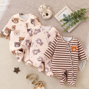 3 stuks Jongens Bodysuit Set met Cartoon Beer en Strepen, Zacht, Comfortabel en Rekbaar, Perfect voor Buiten